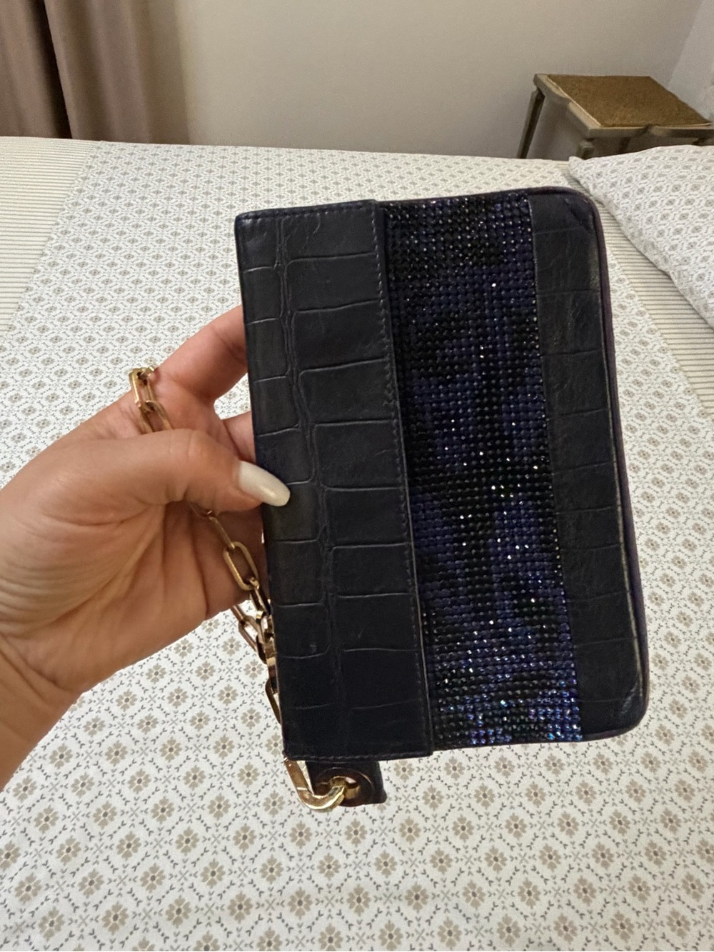 Swarovski Black Croc-Embossed Clutch with Navy Crystal Stripe